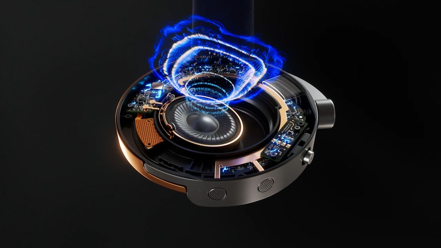 Dyson OnTrac headphones illuminated by a beam of light.